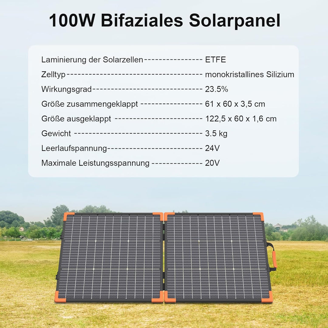 100W Bifaziales Tragbares Solarpanel für Kraftwerke, 20V Faltbares Solarladegerät mit IP68-Wasserdic