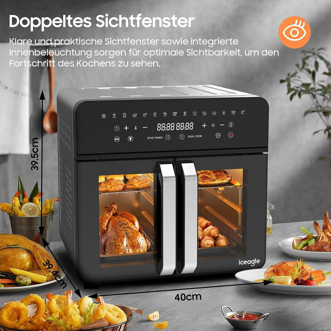 iceagle Heissluftfritteuse 23L Dual Zone - XXL Airfryer mit French Door | Heissluftfritteuse Ofen mi