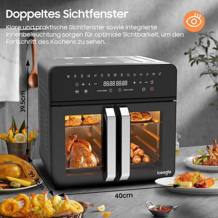 iceagle Heissluftfritteuse 23L Dual Zone - XXL Airfryer mit French Door | Heissluftfritteuse Ofen mi
