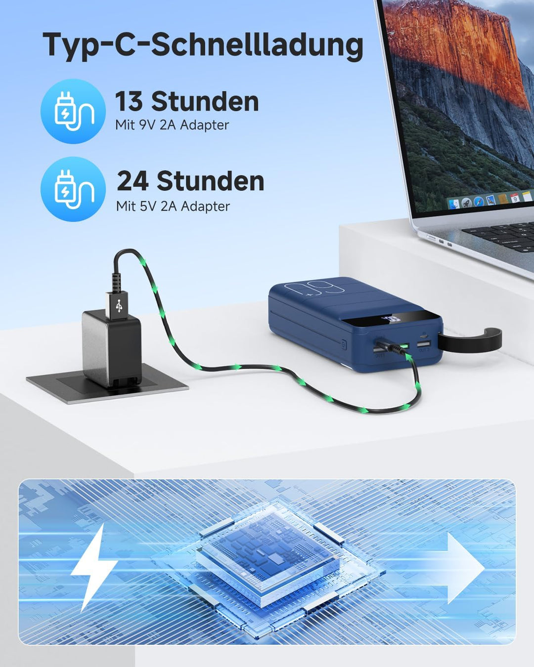 60000mAh Power Bank 22,5 W Powerbank USB-C Schnellladefunktion Externe Akku mit 4 Ausgänge und 2 Ein