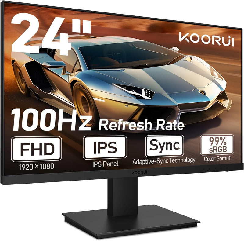 KOORUI 24 Zoll Monitor mit Lautsprecher, Rahmenlos Bildschirm, IPS PC Monitor, FHD 1080P, HDMI 1.4 (