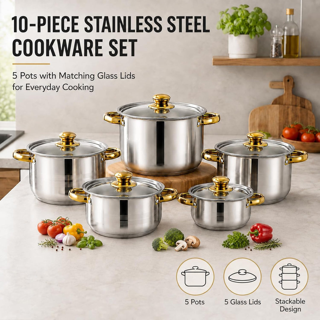Topfset Edelstahl 10-teilig für Induktion, Kochtopf Set mit Glasdeckel, 5 Kochtöpfe von 18 bis 26 cm