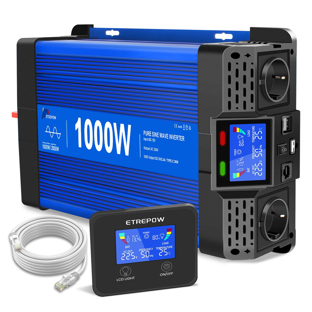 ETREPOW 1000W/2000W 12V Auf 230V Reiner Sinus Wechselrichter mit Fernbedienung, 2 EU Steckdosen, 2 U