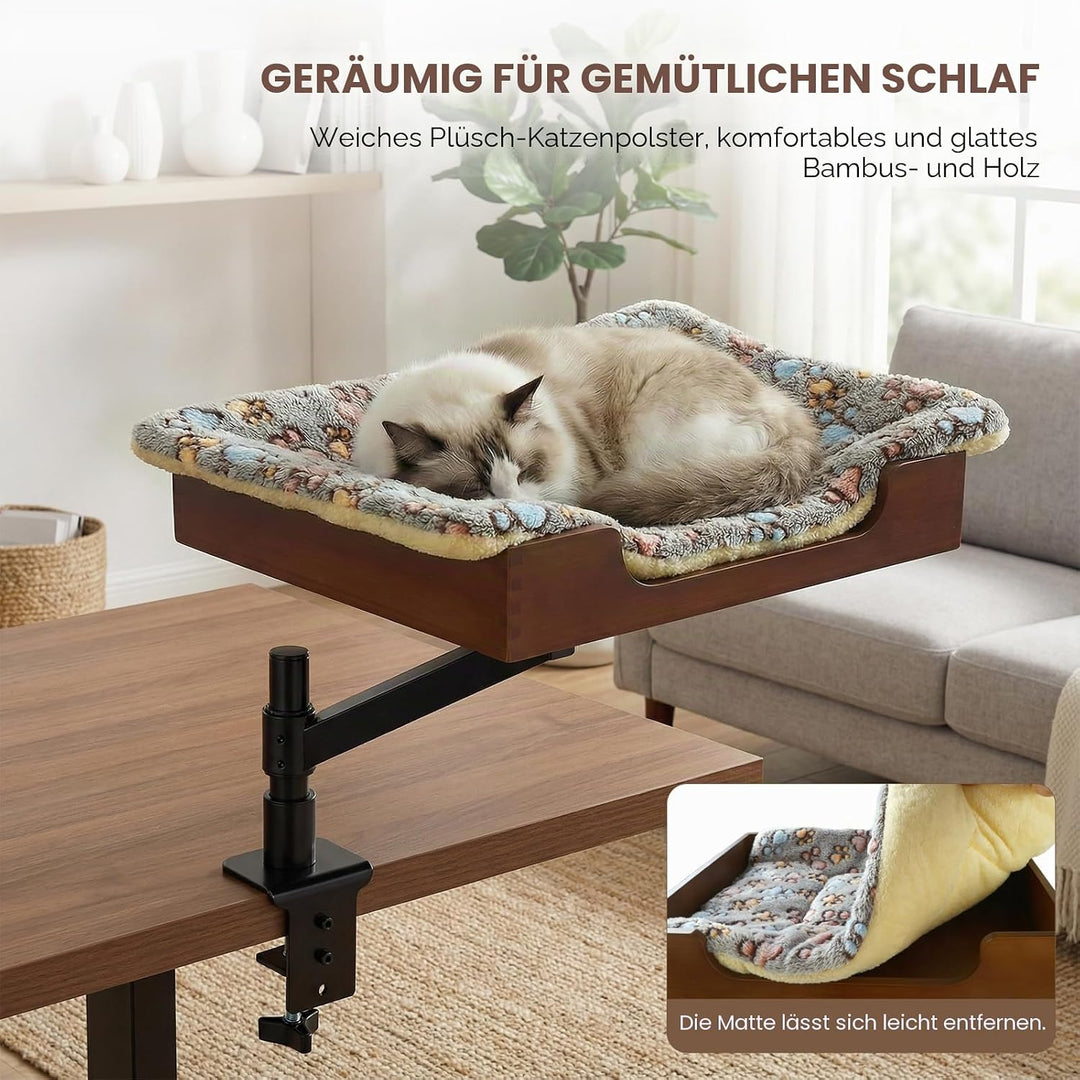 Katzen-Schreibtischbett mit Bambusfuss und Plüschbettwäsche.Stabile und robuste Klemme,höhenverstell