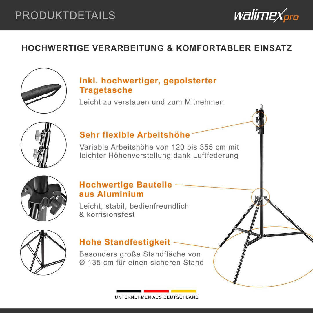 Walimex pro AIR 355 Lampenstativ - Lichtstativ mit Luftfederung, Höhe max 355 cm, 8 kg Traglast, seh