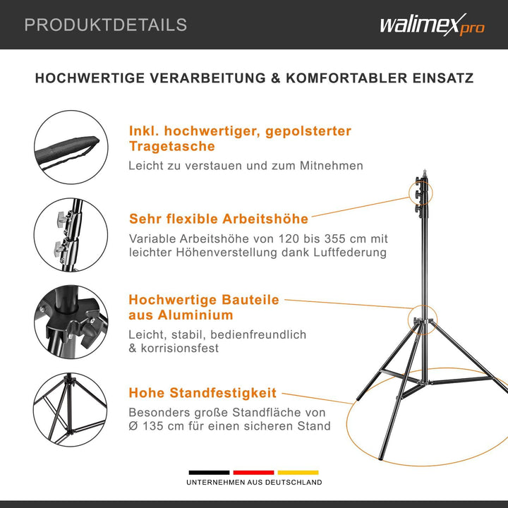 Walimex pro AIR 355 Lampenstativ - Lichtstativ mit Luftfederung, Höhe max 355 cm, 8 kg Traglast, seh