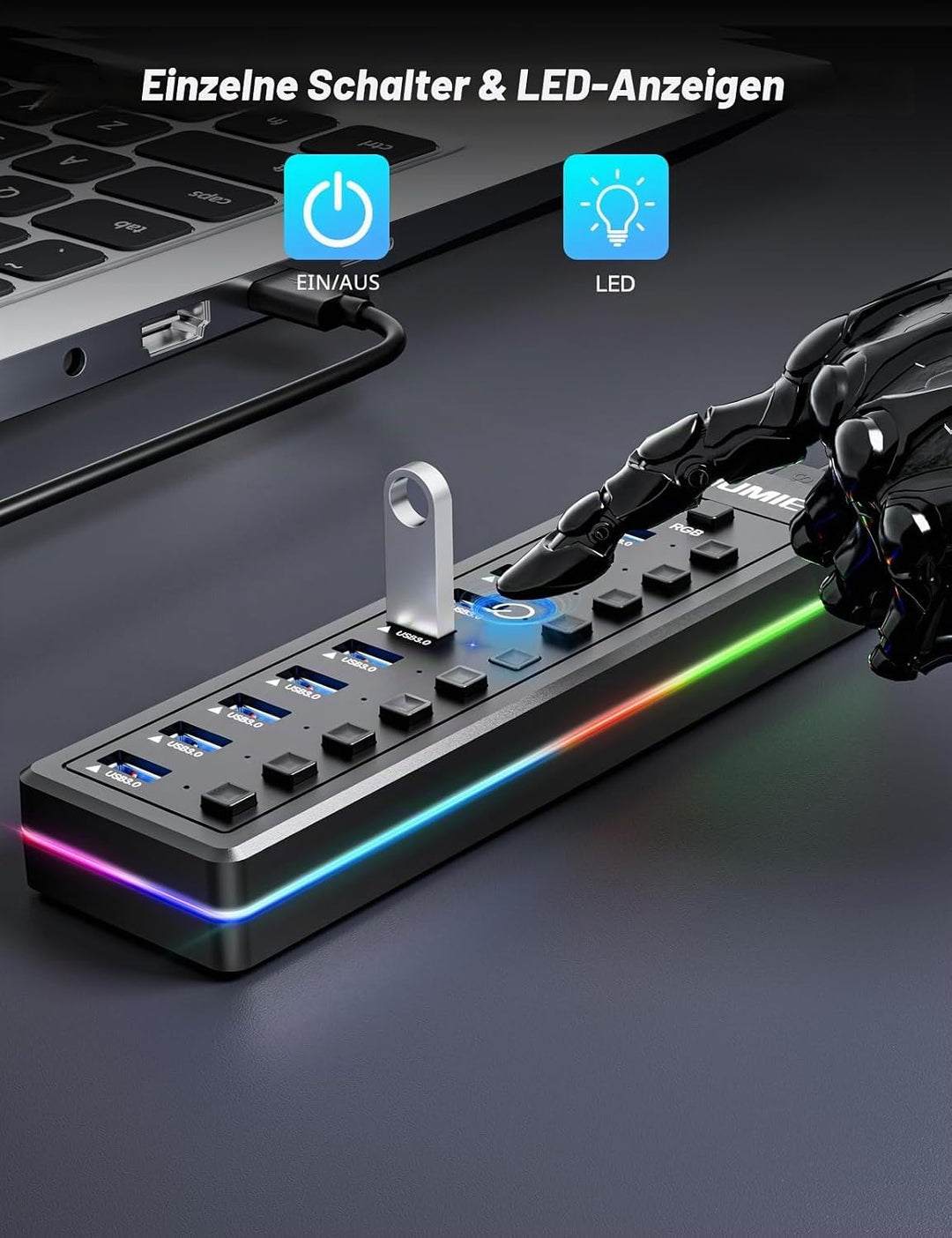 Powered USB Hub, 10-Port USB 3.0 Hub mit RGB LED Strip -5Gbps Datenübertragung, individuelle LED On/