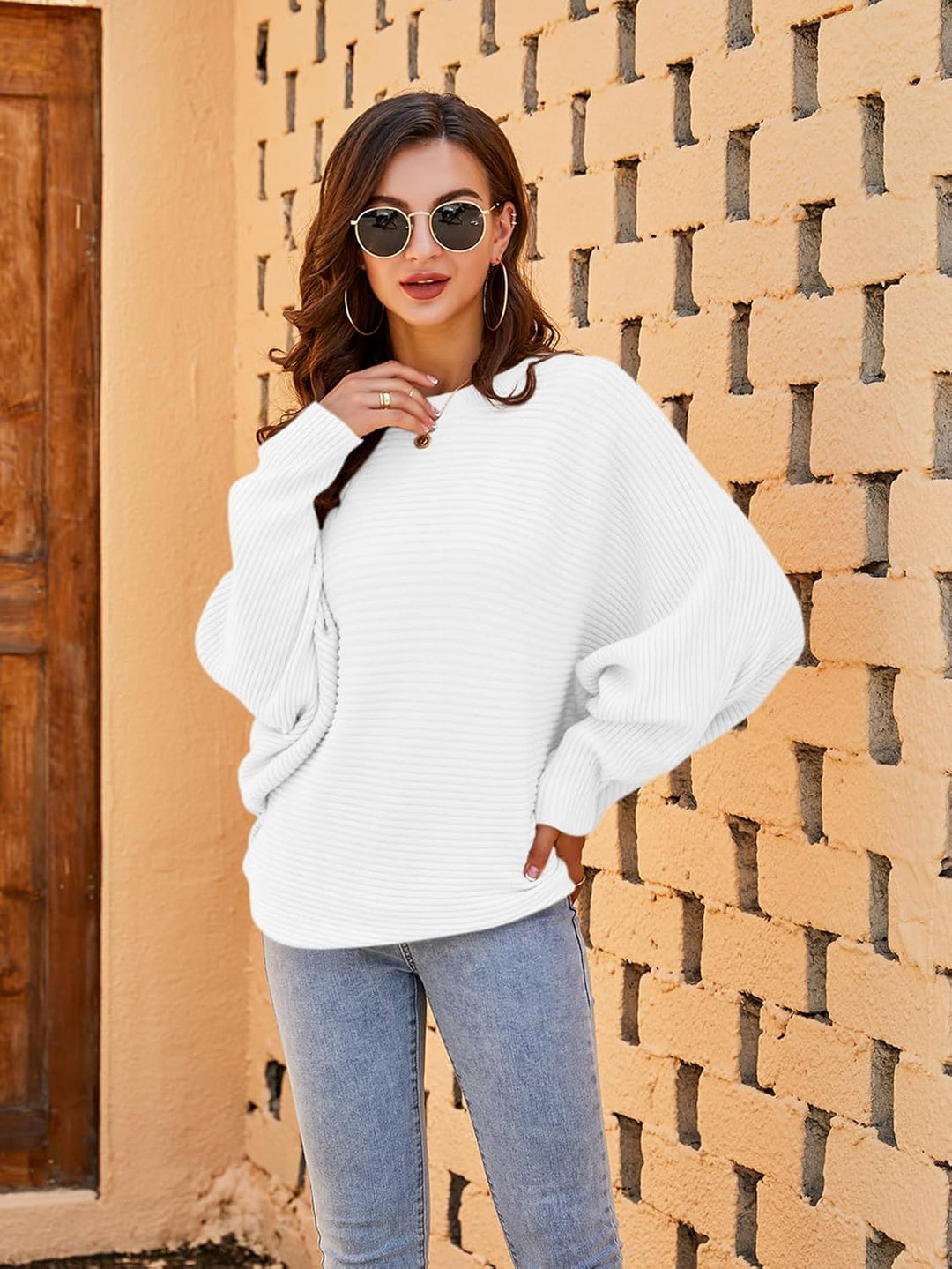 Fessceruna Damen Pullover Oversize Fledermausärmel Strickpullover Winter Rundhals Pulli Geripptes Sw