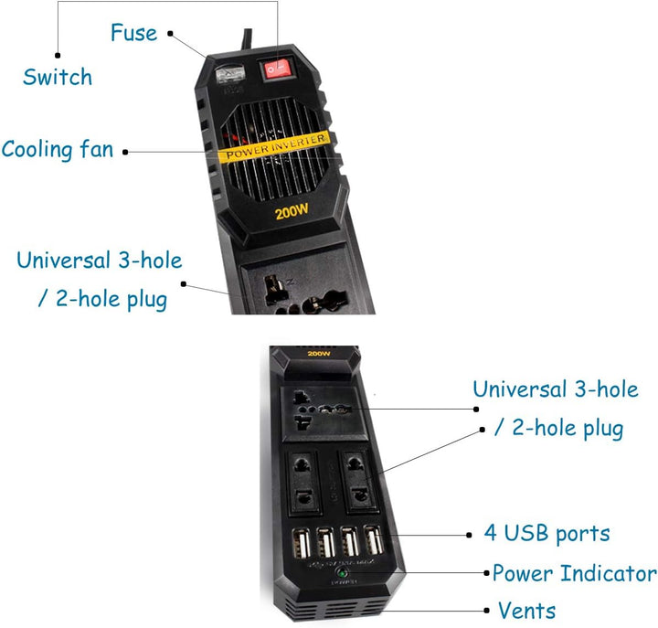 Baceyong 200W Auto DC 12V zu AC 220V Wechselrichter Ladegerät Konverter 4 USB Buchse Schwarz
