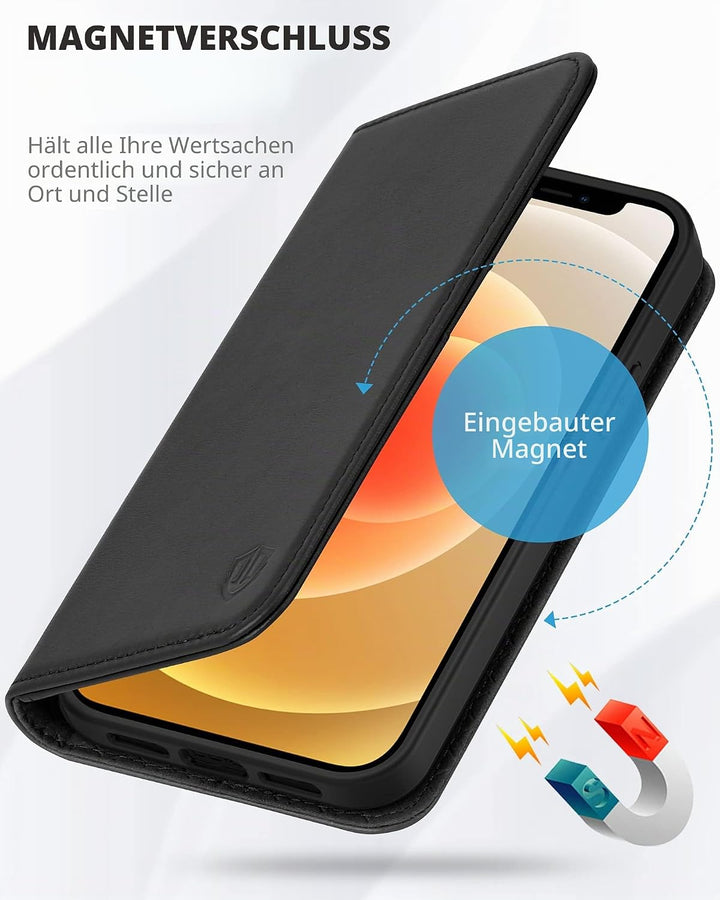 SHIELDON iPhone 12 Hülle, iPhone 12 Pro Handyhülle [Echtleder] [RFID-Sperre] [Kartenfach] [Magnet] [
