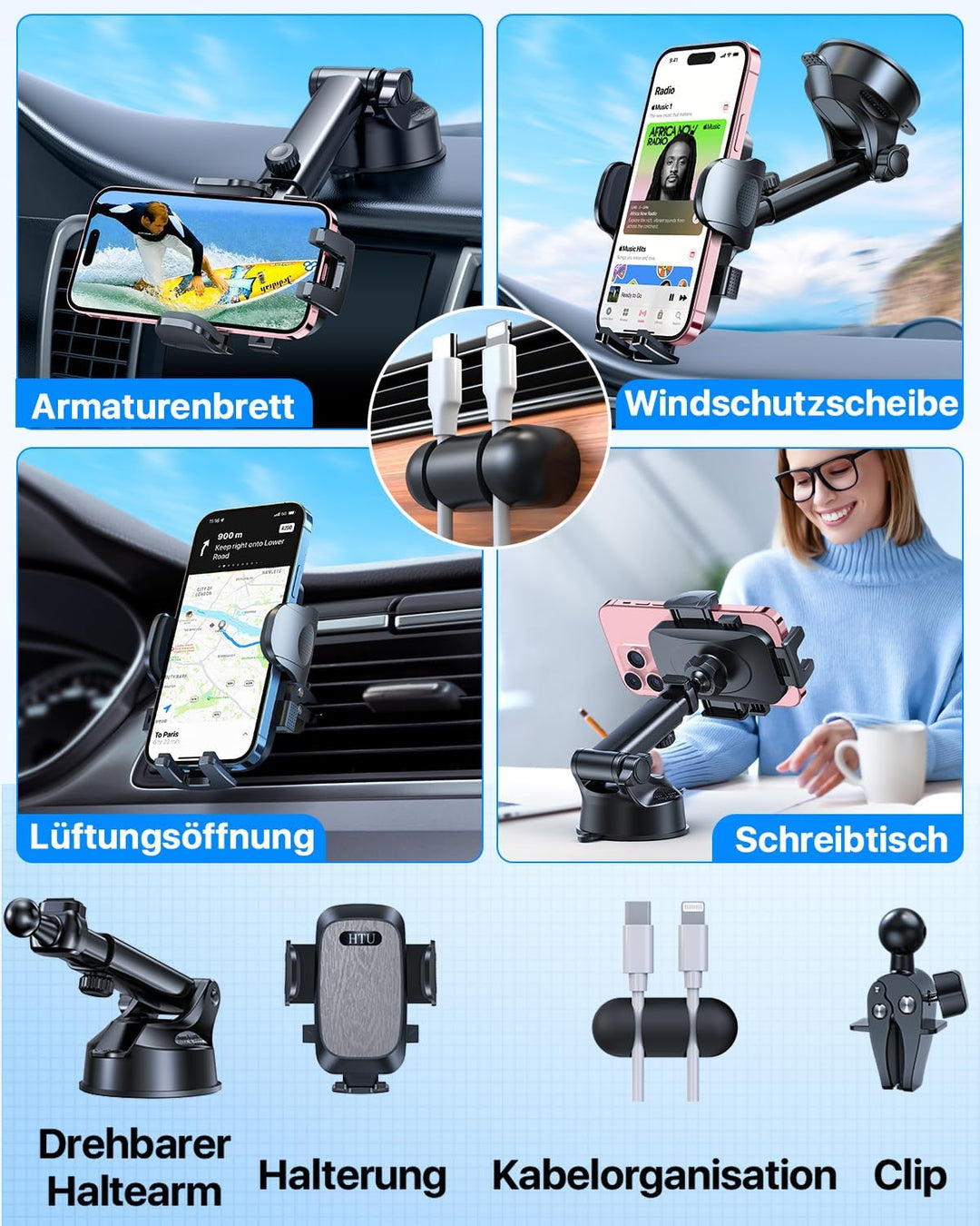 HTU 2026【Militär-Klasse】 Handyhalterung Auto【Stärkste Saugnapf & Lüftung】 4 in 1 Handy Halterung Aut