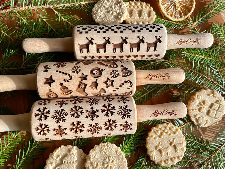 Kinder Nudelholz mit Muster Weihnachten Backen 3-er SET - Teigroller Holz für DIY Weihnachten Plätzc