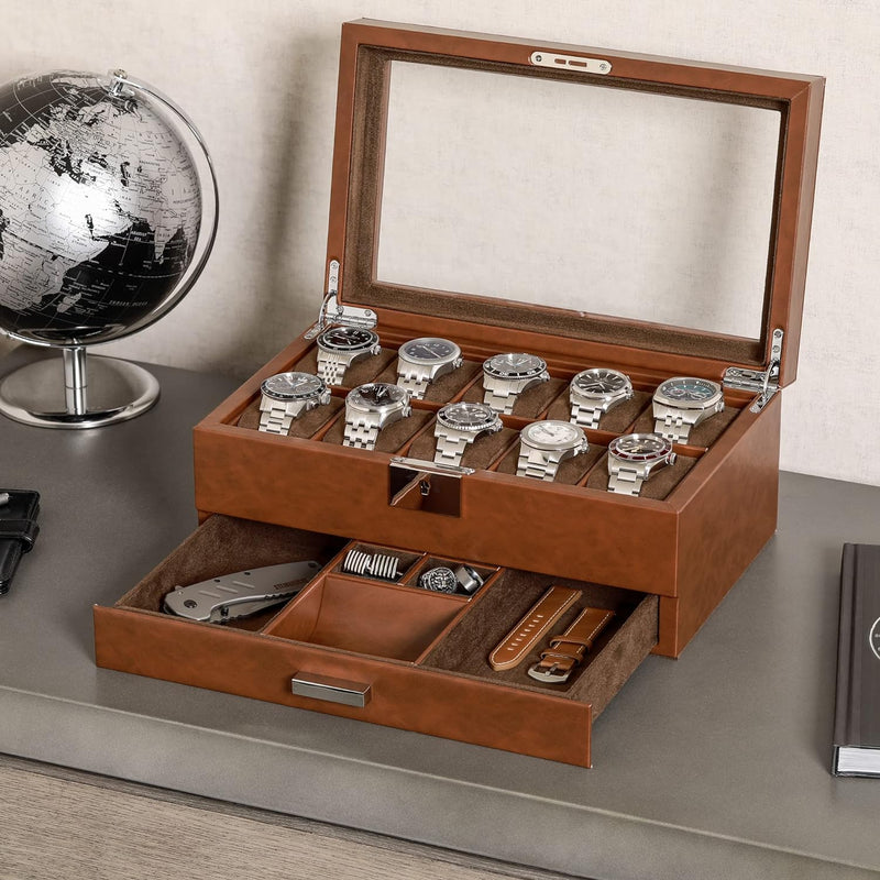 ROTHWELL Leder-Uhrenbox mit 10 Fächern, Luxus-Uhrenetui, Display-Organizer, abschliessbarer Schmuck-