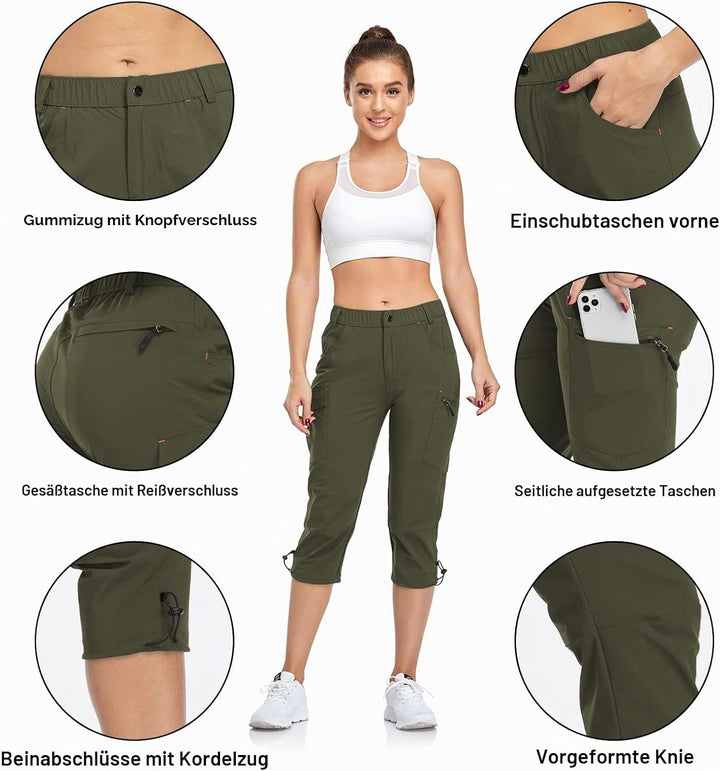GymBrave Damen-Cargohose, schnelltrocknend, Outdoor-Camping-Caprihose, wasserabweisend, LSF 50, mit