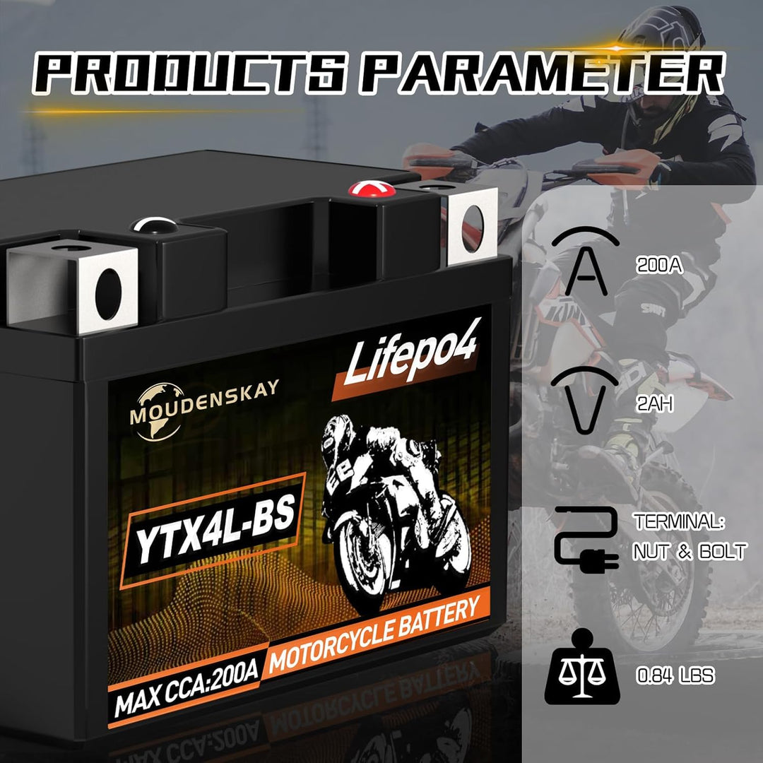 MOUDENSKAY Lithium Motorrad Batterie 12V Lithium Powersports Batterie mit BMS (YTX4L-BS 12.8V 2Ah 20