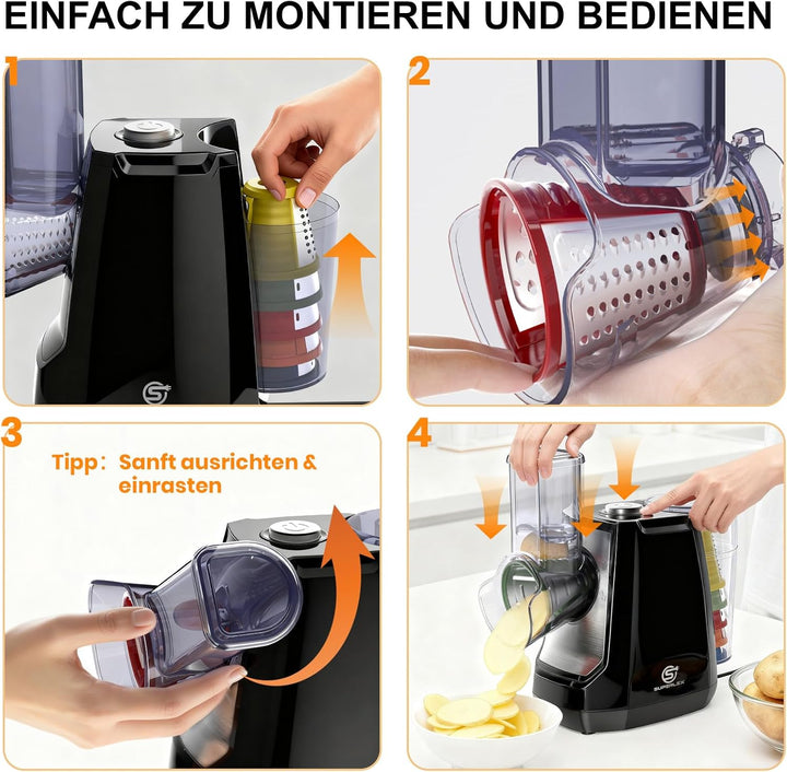 Gemüseschneider Elektrisch 5-in-1 Gemüsehobel mit 5 Austauschbaren Trommelklingen Elektrische Reibe