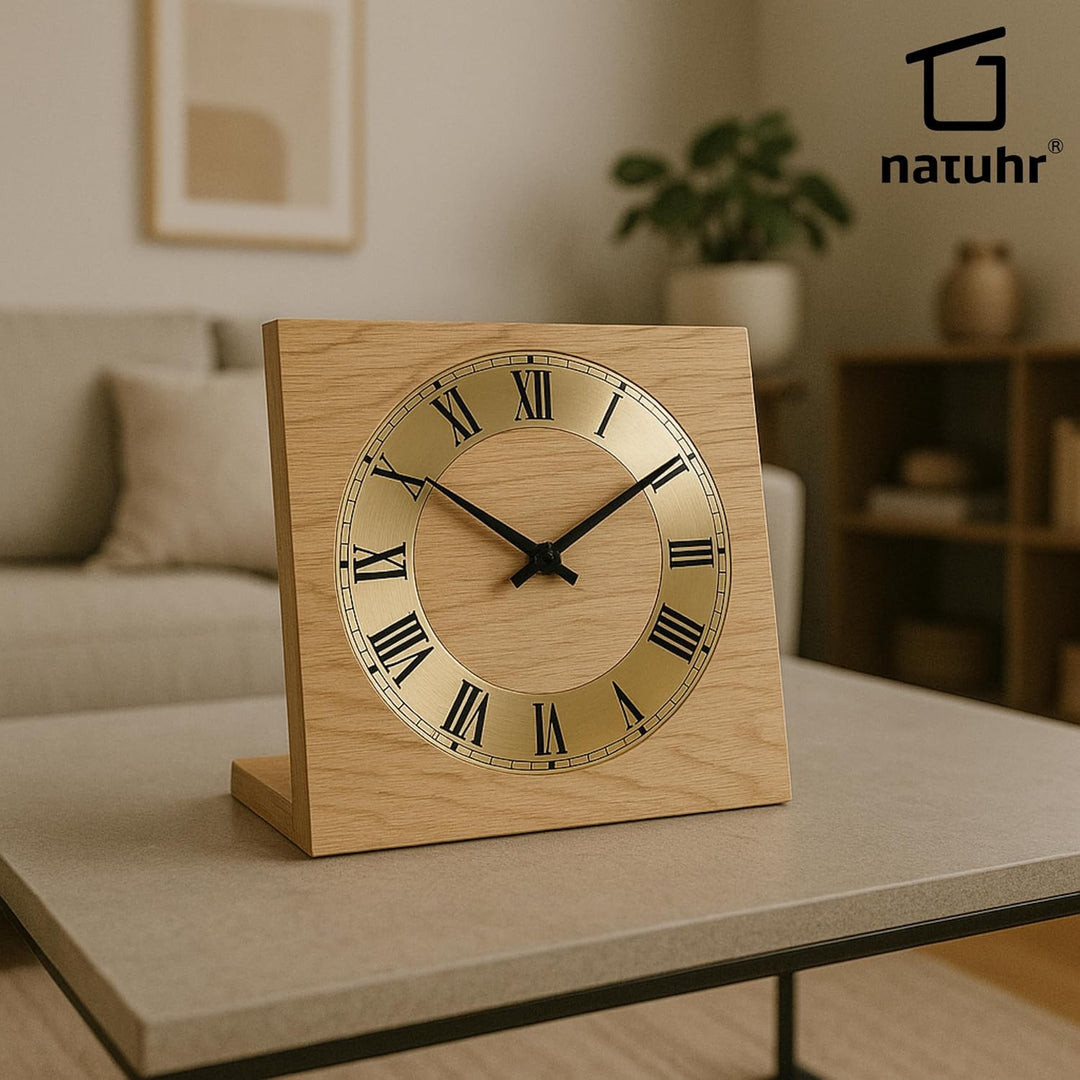 Natuhr Tischuhr Eiche Buche Holz - Knick - Massivholz Design 17,5 x 17,5 cm (geräuscharmes Quarz-Uhr