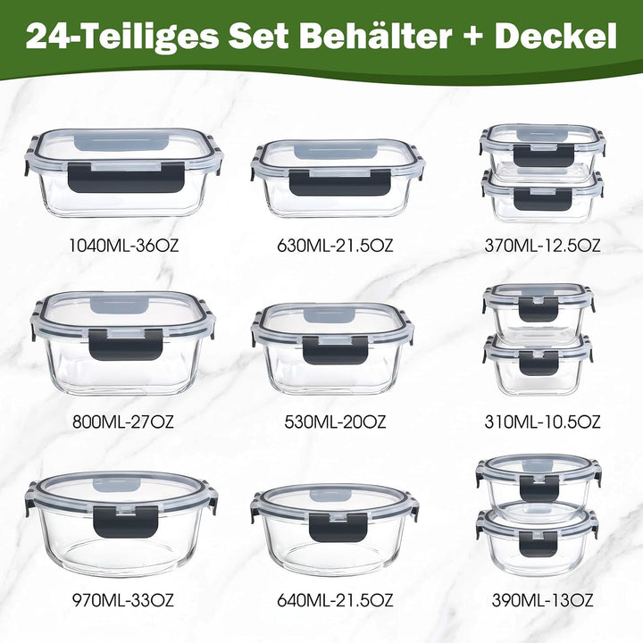 YASHE Glasbehälter mit Deckel, 12 Teile Stapelbar & Luftdicht Meal Prep Boxen Glas für Spülmaschine,