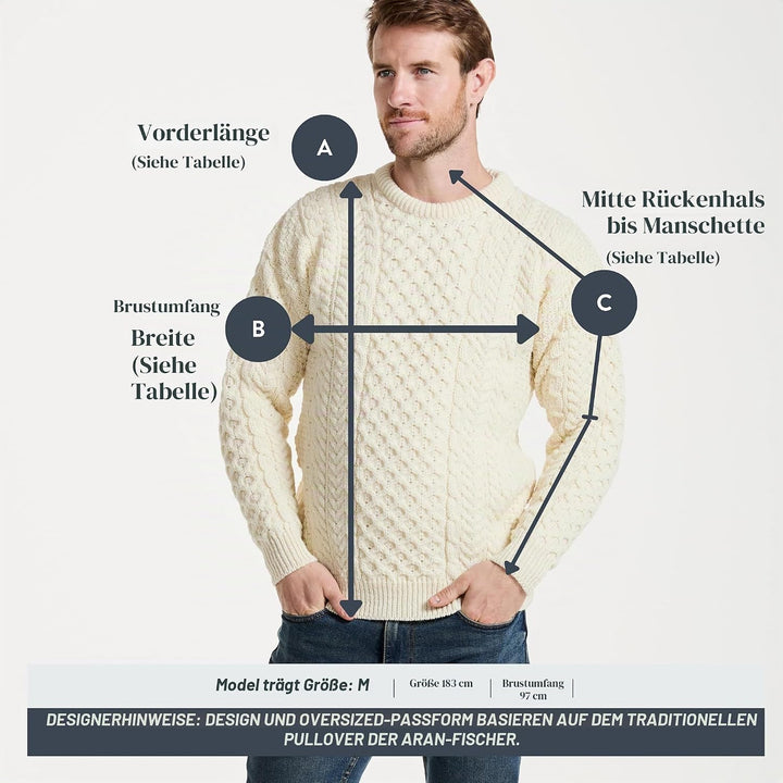 Aran-Pullover, 100% reine Wolle, Oatmeal M Wollweiss, M Wollweiss