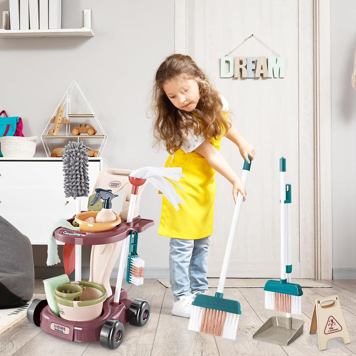 deAO Kinder Putzwagen - Putzset mit Wischmop, Eimer, Besen, Staubsauger, Bürsten, Kehrschaufel, Hand
