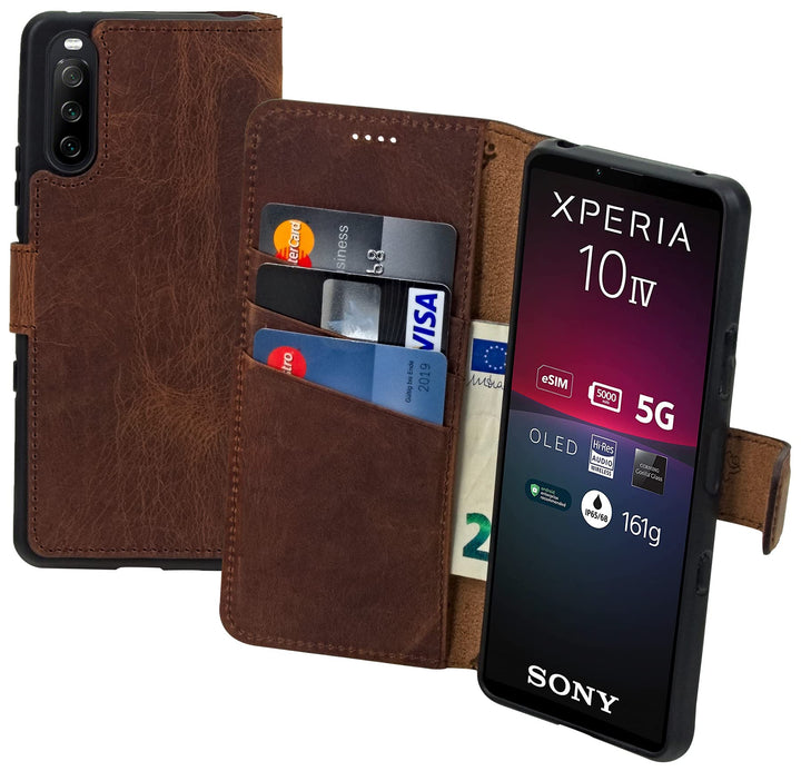 Suncase Book-Style Hülle kompatibel mit Sony Xperia 10 IV (2022) Leder Tasche (Slim-Fit) Lederhülle