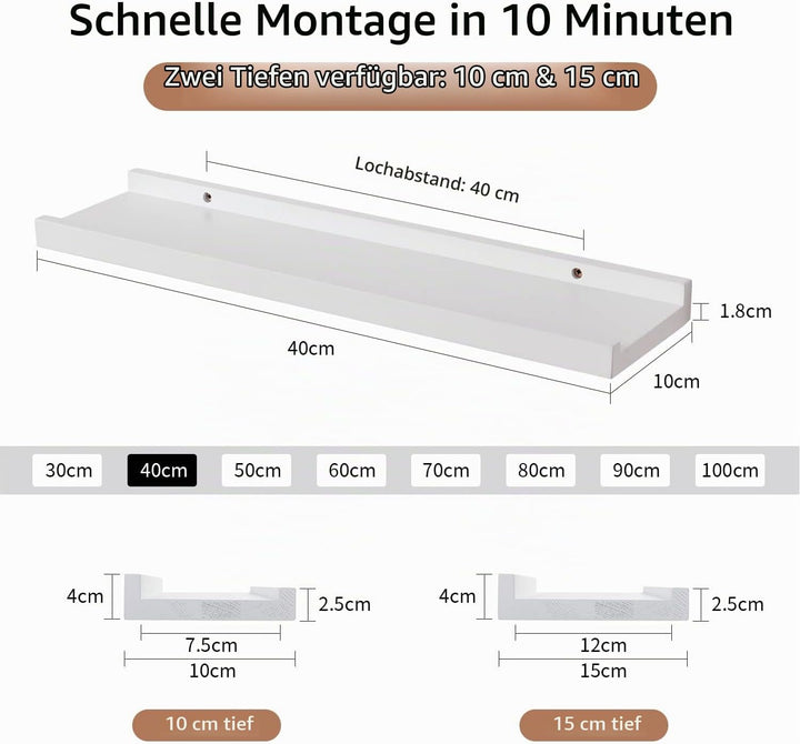 Gieanoo Wandregal Weiss, 2er Set, 40CM Massives Eichenholz Schweberegale Bilderleiste Weiss Regalbre