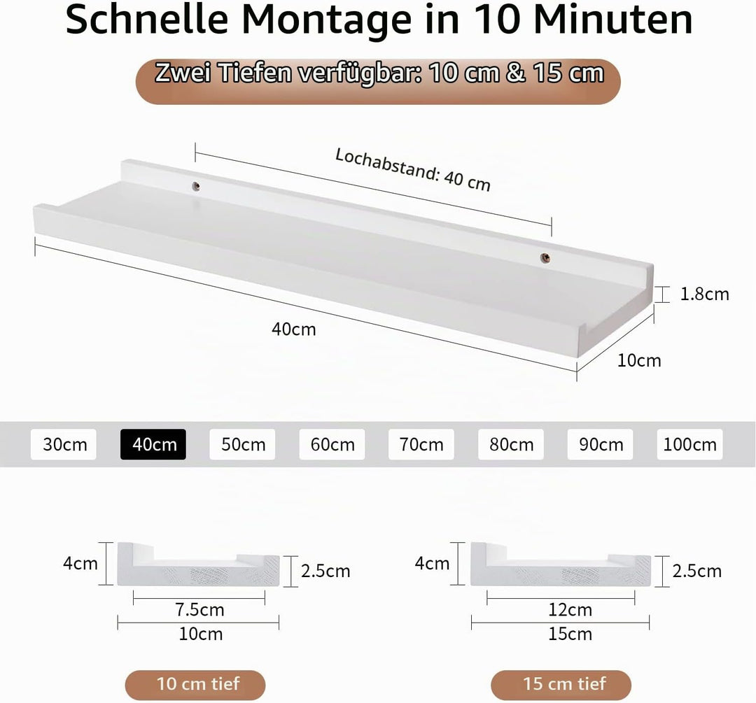 Wandregal Weiss, 40CM Bilderleiste Weiss massives Eichenholz Regal weiss Schweberegal für Fotorahmen