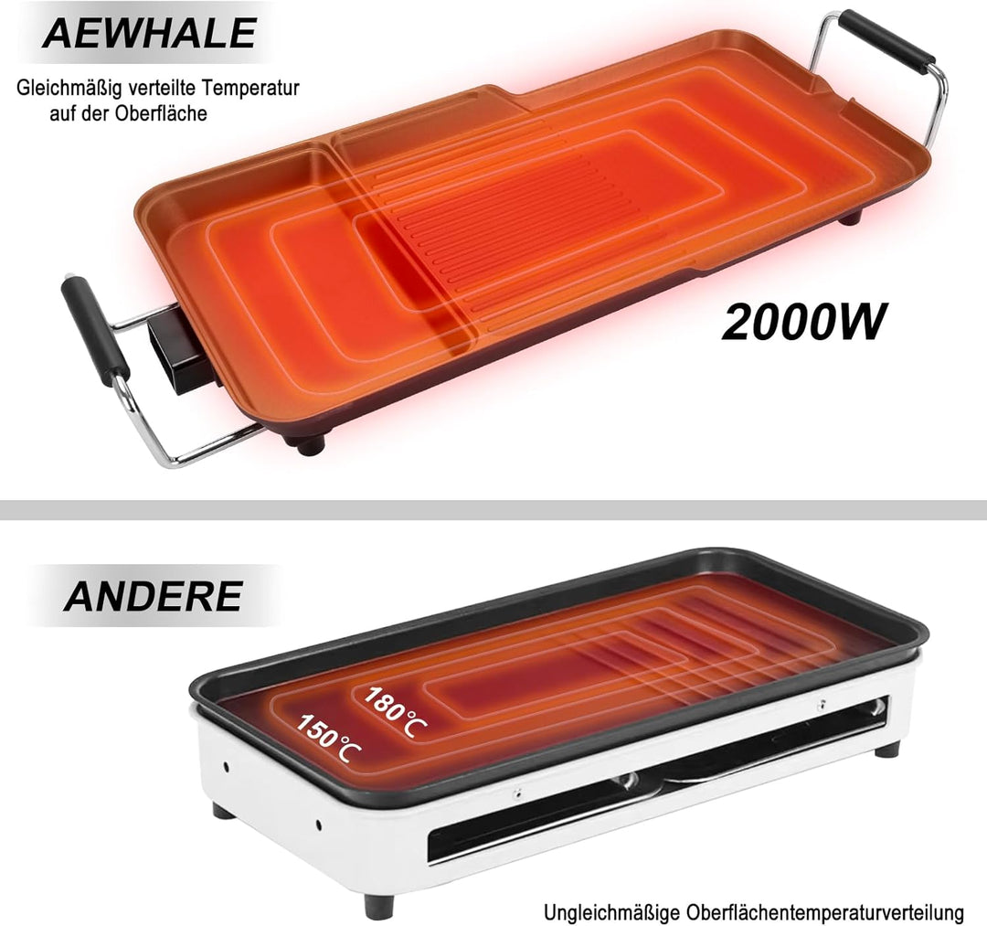AEWHALE 3-in-1 Grillplatte Elektrisch, 2000 W, Tischgrill Elektrisch für Drinnen und Draussen mit An
