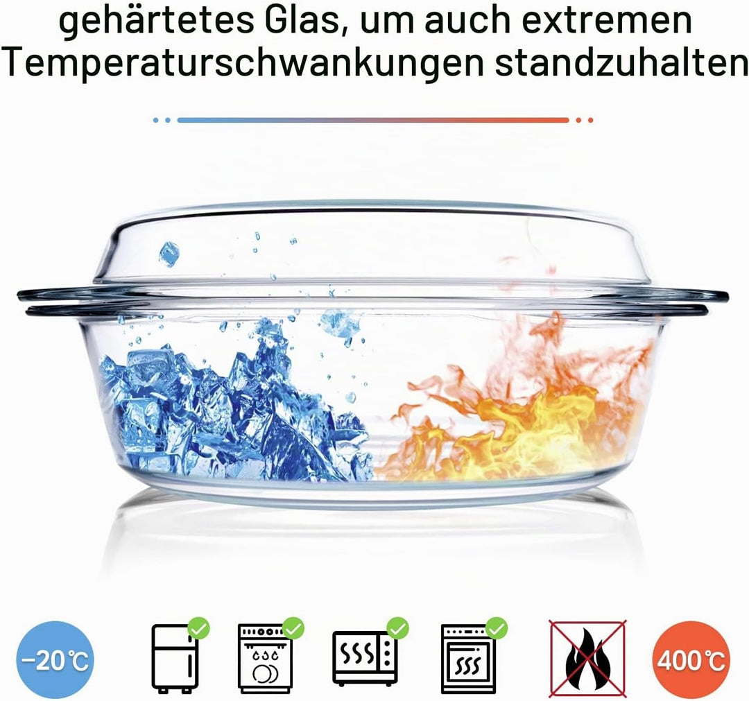 Set 6 Stücke Rund Auflaufform aus Gehärtetem Glas Set, 1L+1.5L+1.8L Glas Backform mit Deckel für Bac