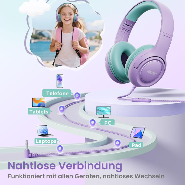 Acer Kopfhörer mit Kabel, Kopfhörer Kinder mit 85/94 dB Lautstärkebegrenzung, Over Ear Faltbare 3.5
