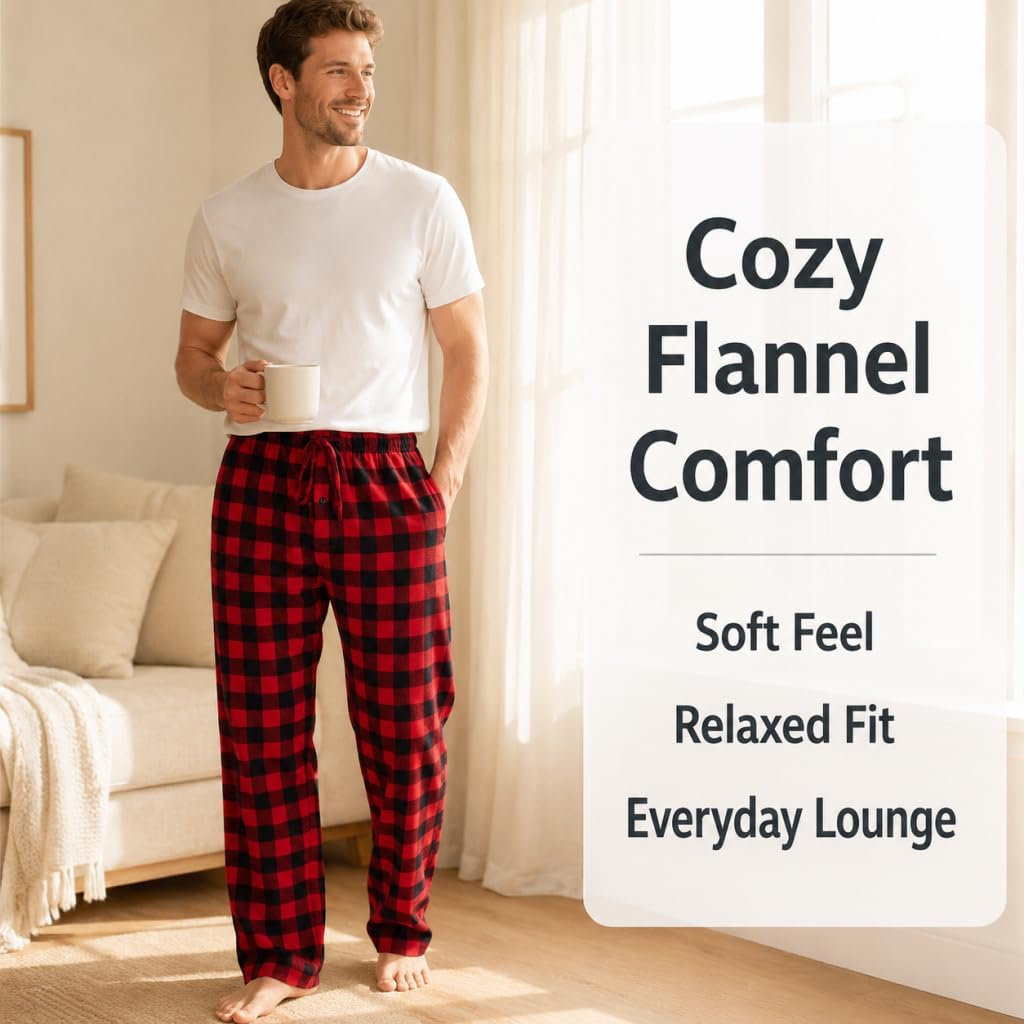 Herren 100% Baumwolle Flanell Bequeme Pyjama/Lounge Bottoms mit Taschen S Black Red Check, S Black R