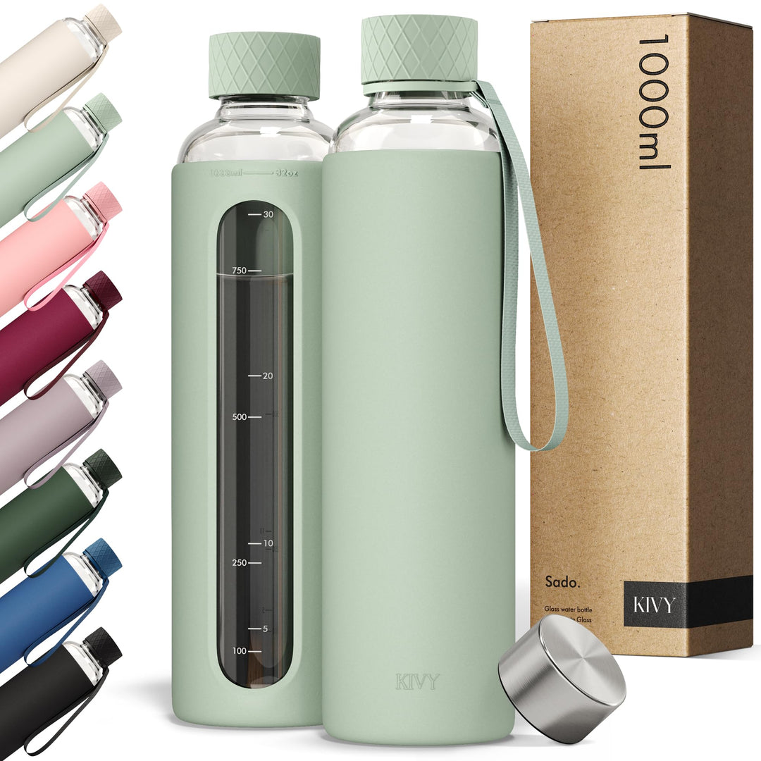 KIVY Glas Trinkflasche 1l mit Silikonschutz [KOHLENSÄURE GEEIGNET] Glasflasche 1 Liter - Wasserflasc