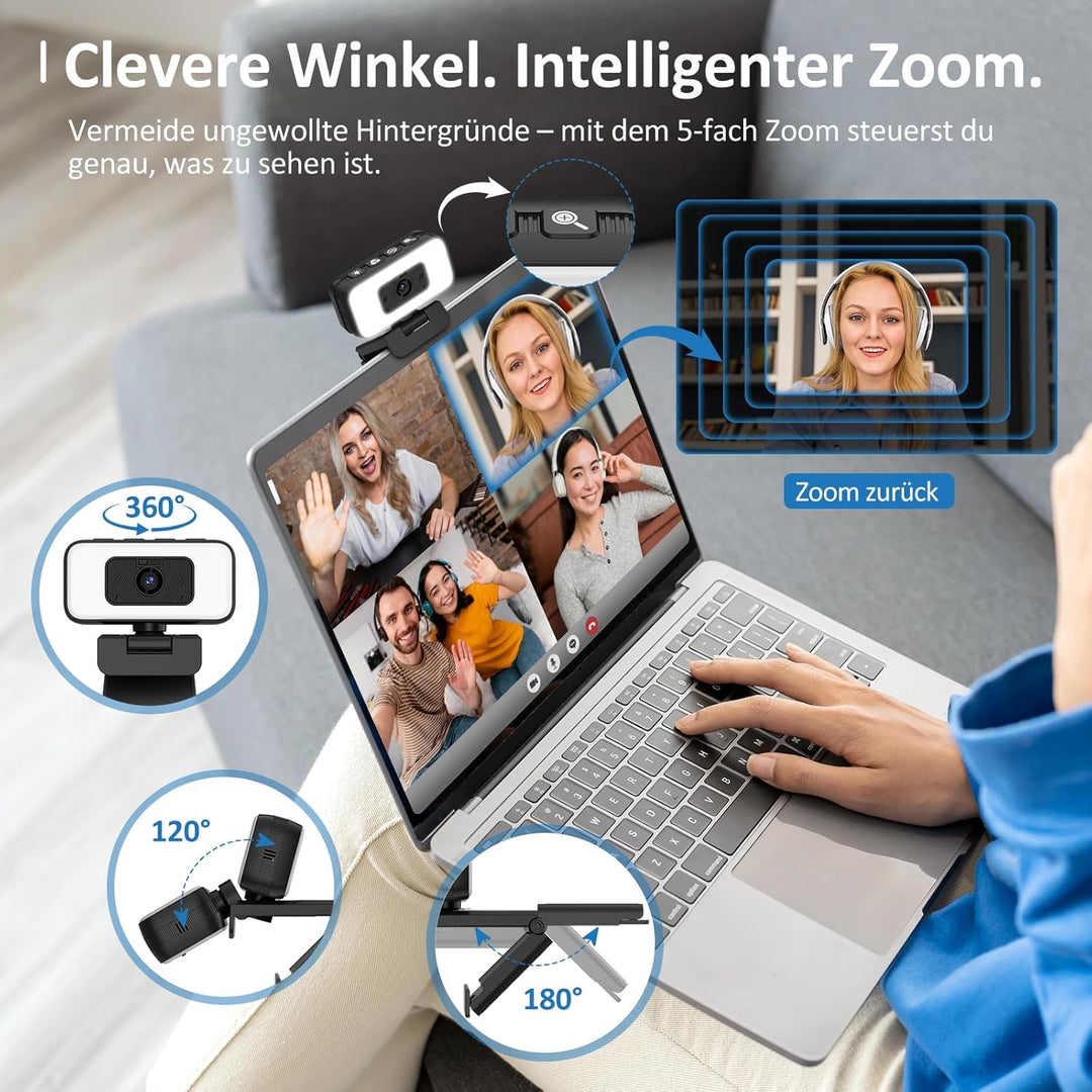 2K Webcam mit Mikrofon und Abdeckung – USB PC Kamera mit Licht, Zoom, Flip, Privacy-Cover – Externe