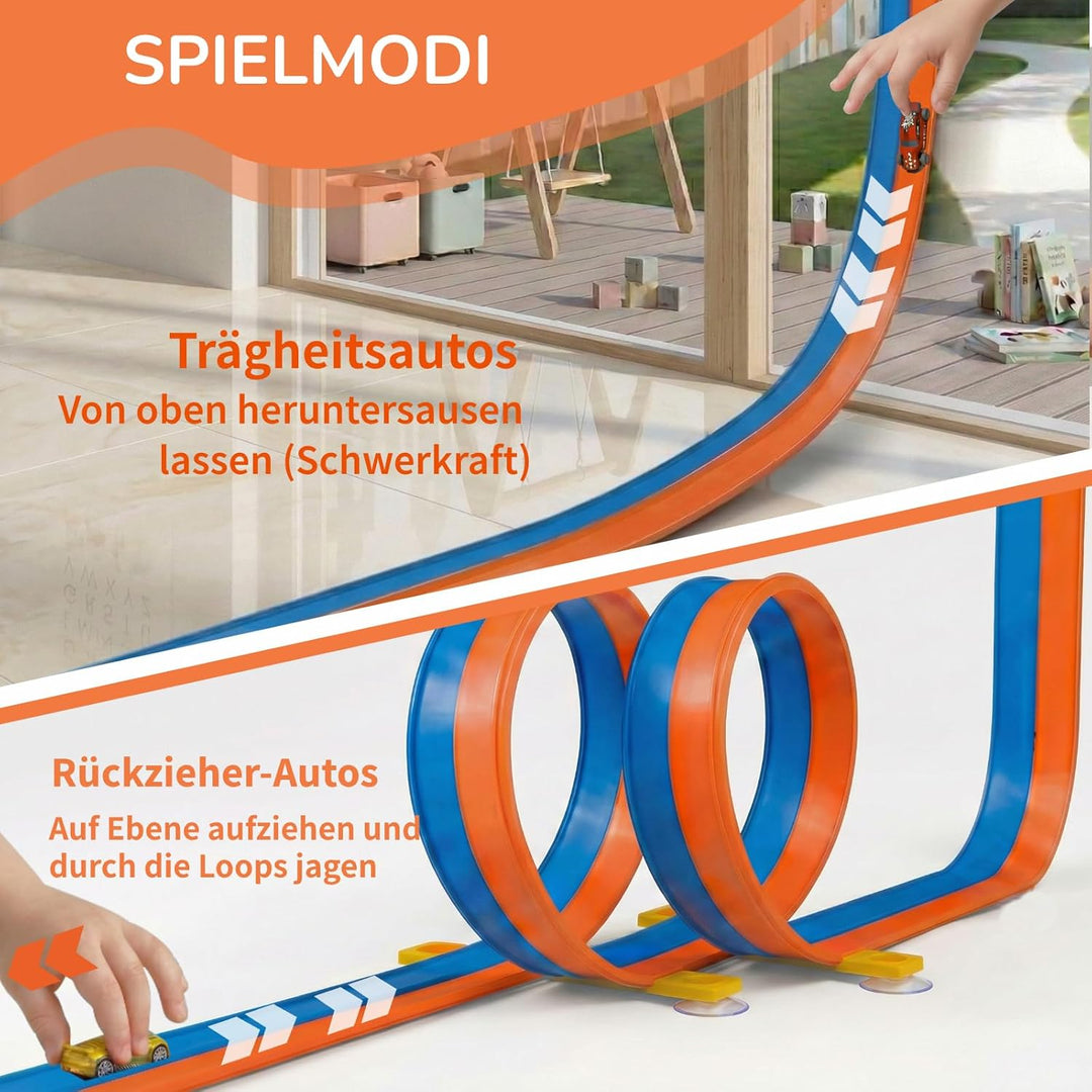 5M Flexible Autorennbahn Set mit 2 Loopings, 2-in-1 Rennbahn mit Autos & Tragtasche, Schwerkraft & P