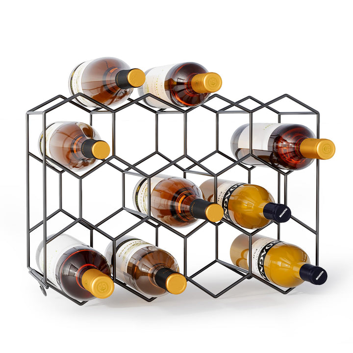 Urban Deco Weinregal für 14 Flaschen aus Metall, Flaschenregal schwarz mit 2 Haken für 2 Weingläser,