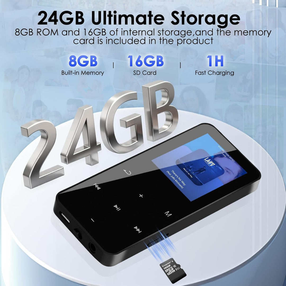 24GB MP3 Player mit Bluetooth, 1,8 Zoll HD Touchscreen, Musikplayer mit HiFi Lautsprechern, FM Radio