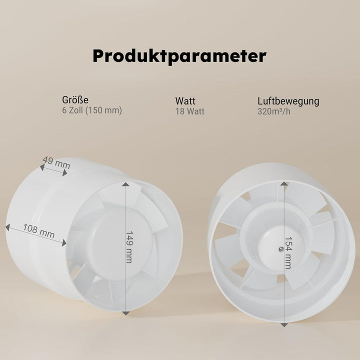 Rohrventilator 150mm 155mm,Inline-Abluftventilator,Leise Rohrlüfter 320m³/h,Kanalventilator Für Bad,