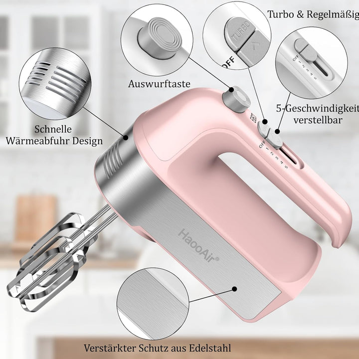 450W Elektro-Handmixer, 5-Gang-Handmixer mit Messbecher-aufbewahrung, 5 Edelstahl-Zubehör, Turbo-Boo