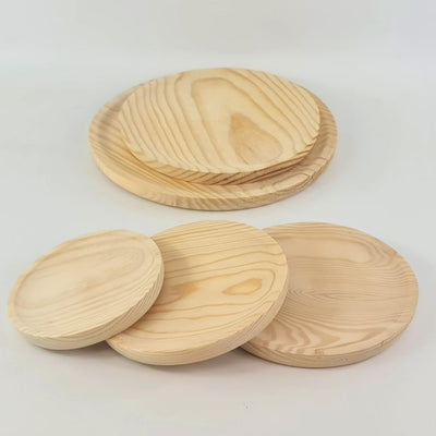 MGE - Holzteller Rund - Holzplatte - Fleischteller - Pizzateller - Schneidebrett - Kiefer - Set von
