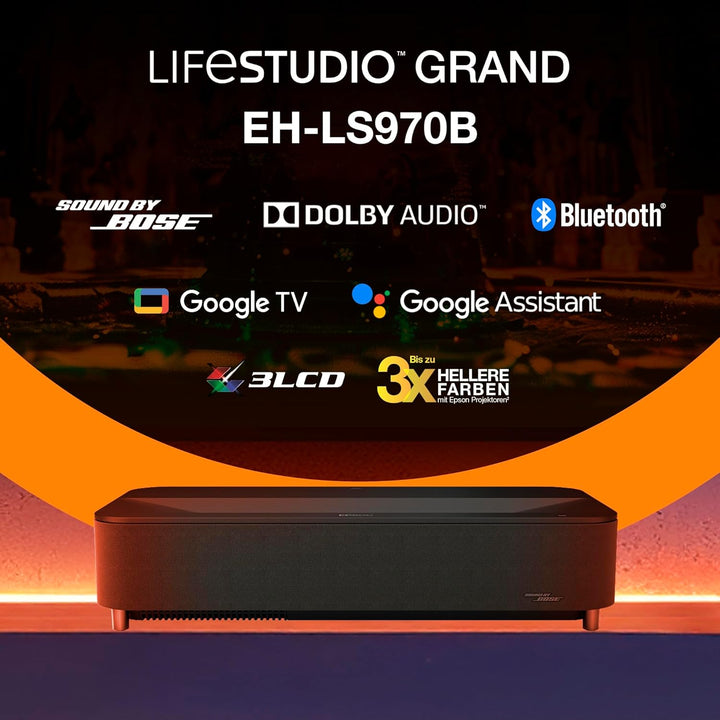 Epson Lifestudio Grand Plus EH‑LS970B | Ultrakurzdistanz Laser Projektor TV | 4KHeimkino | 4.000 Lum