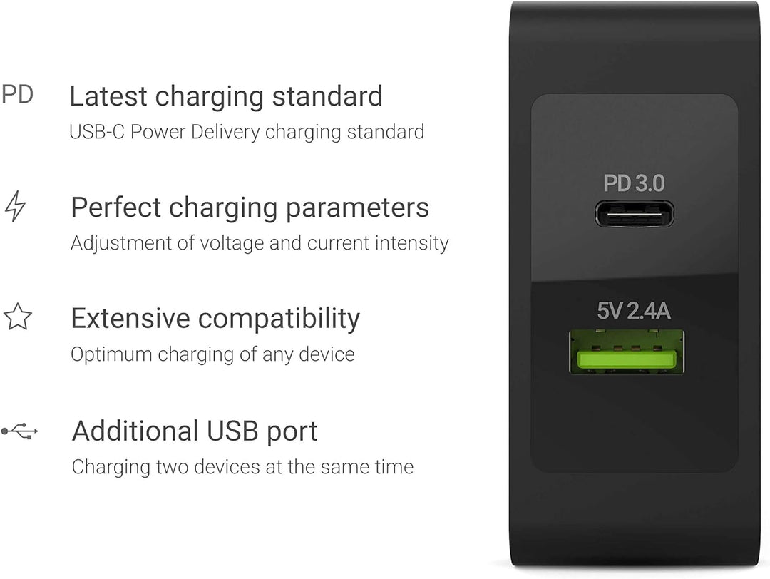 Green Cell 45W USB-C PD Ladegerät mit USB-C Kabel und zusätzlichem USB-Anschluss Netzteil für Apple