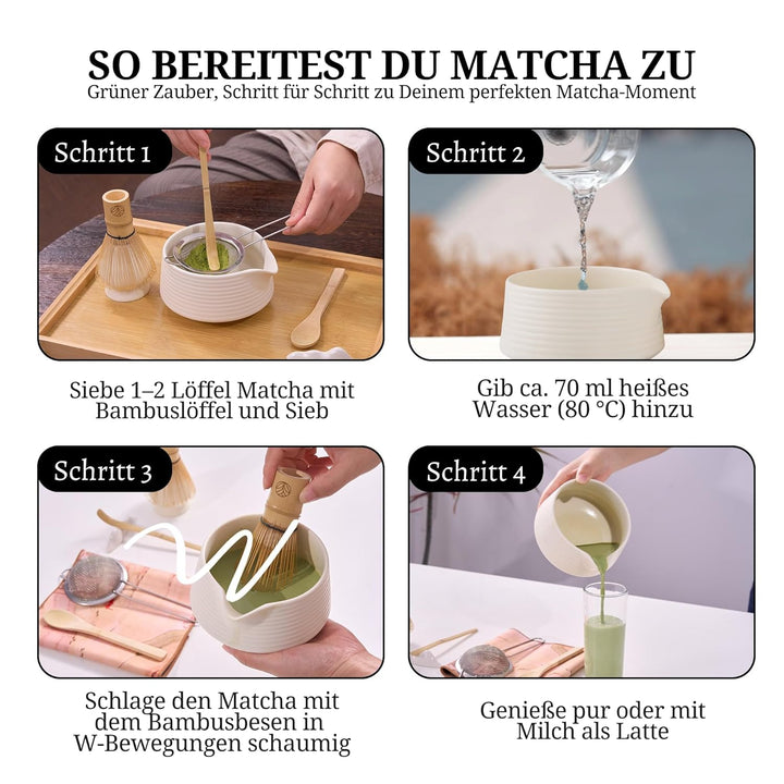 Matcha Set mit Matcha Pulver - Weiss - Matcha Tee Set 8-teilig mit Pulver 90g - Schale, Besen & Zube