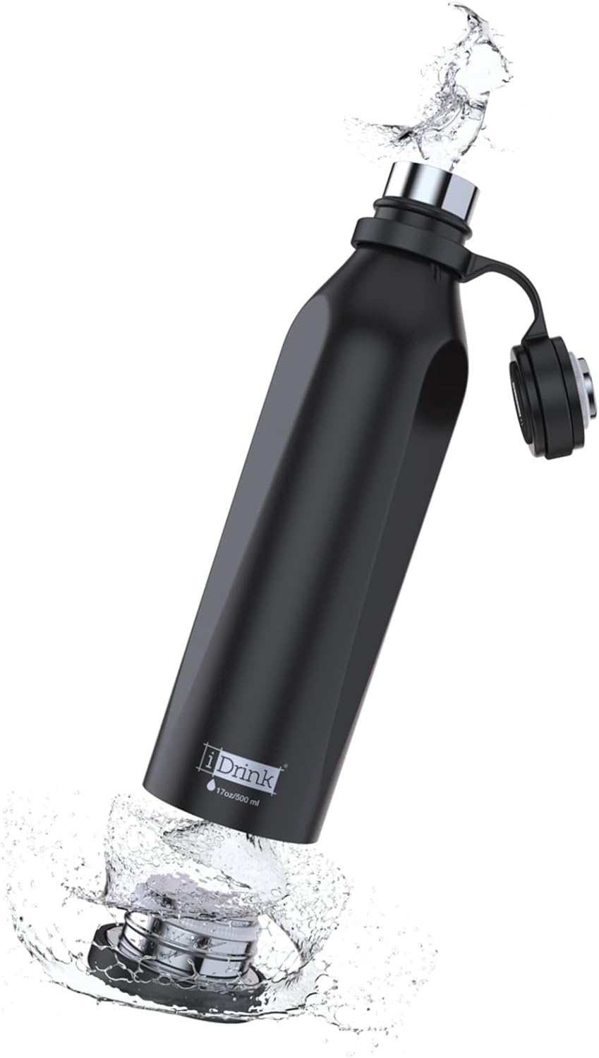 IDRINK® - b-evo Revolutionäre Isolierflasche, 3 Wände, Edelstahl-Flasche mit Doppel-Deckel, 500 ml (