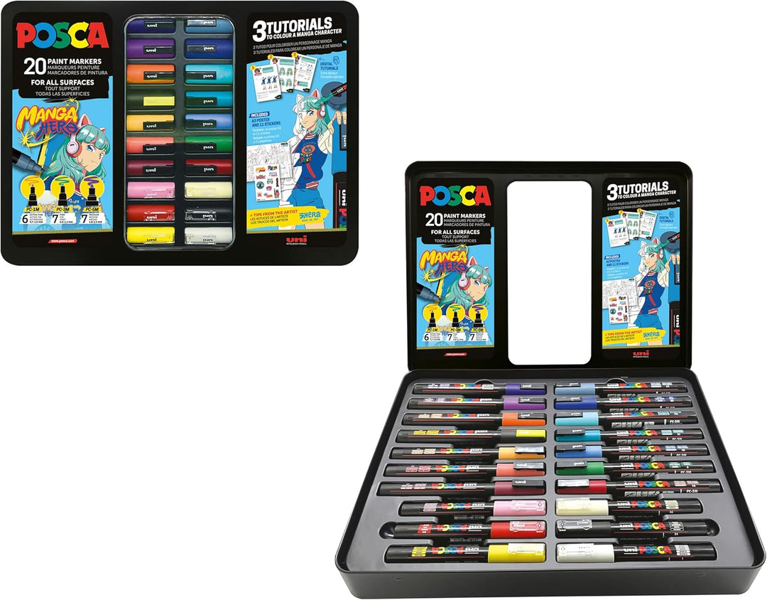 POSCA 186833 Marker Set Manga Hero, 20 Acrylstifte inkl. Tutorials, Poster und Sticker, PC-1M, PC-3M
