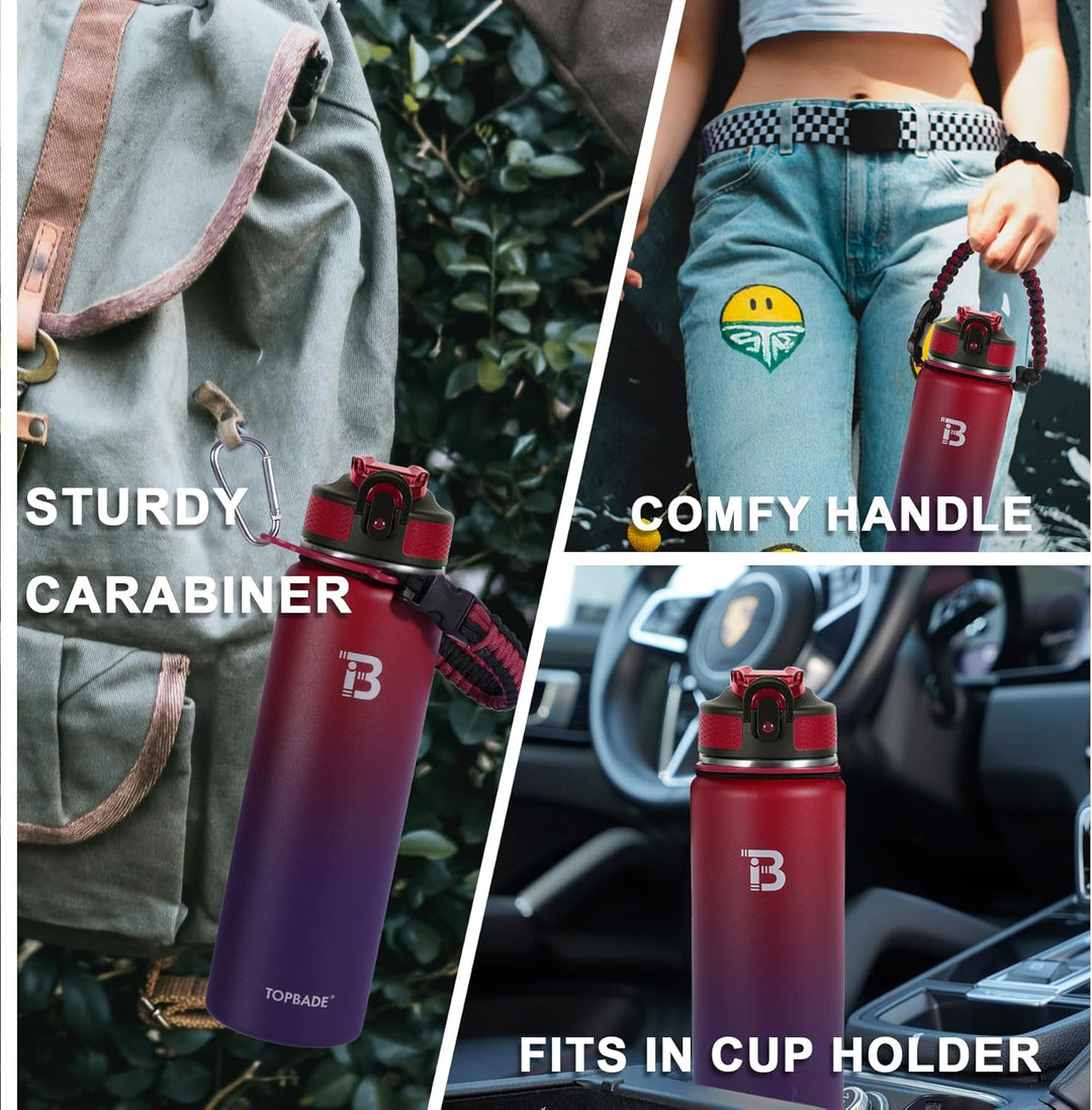 TOPBADE Edelstahl Trinkflasche Sport mit Strohhalm Deckel & Chug Deckel 1L, BPA-Frei Isolierte Wasse