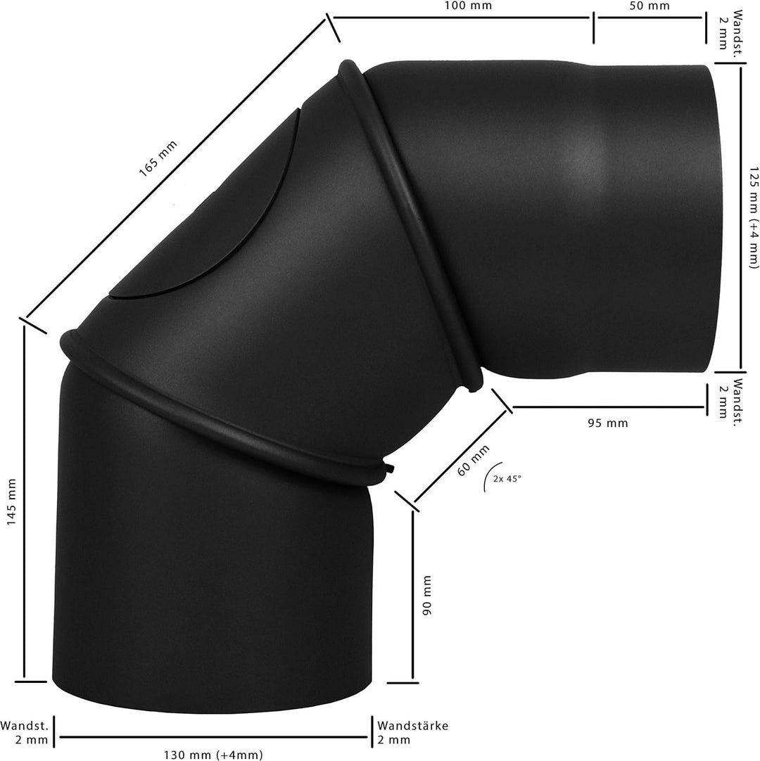LANZZAS Rauchrohr Bogen 0° - 90° verstellbar mit Tür - im Durchmesser Ø 130 mm - Farbe: schwarz -