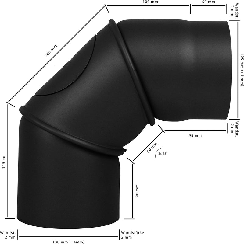 LANZZAS Rauchrohr Bogen 0° - 90° verstellbar mit Tür - im Durchmesser Ø 130 mm - Farbe: schwarz -