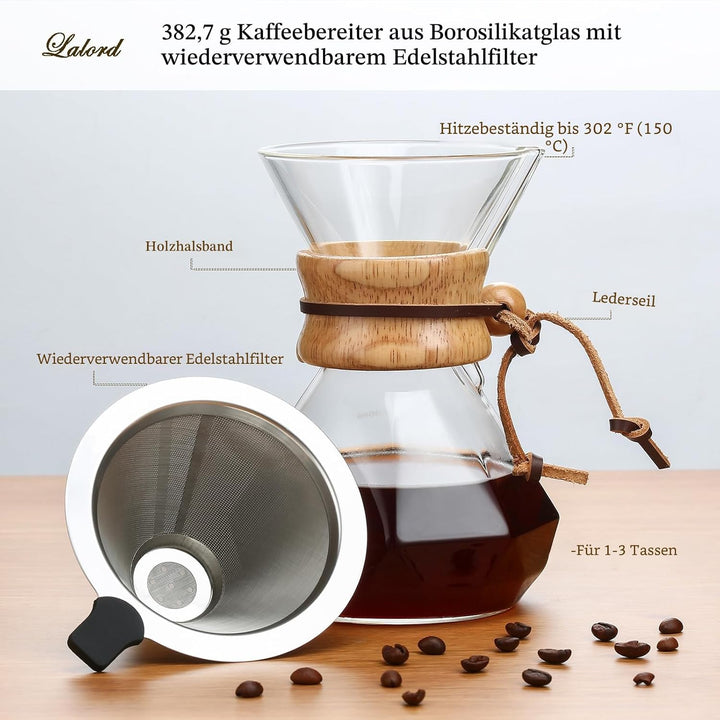 Lalord Pour Over Kaffeebereiter mit Edelstahlfilter, Borosilikatglas Kaffeekanne, Holzkragen, Kaffee