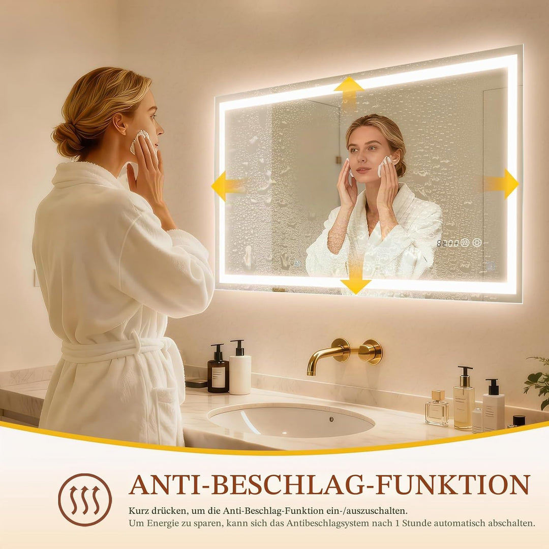 Clevich Badspiegel mit Beleuchtung und Uhr 100×60 cm, LED Spiegel mit 3 Lichtfarben dimmbar, gehärte