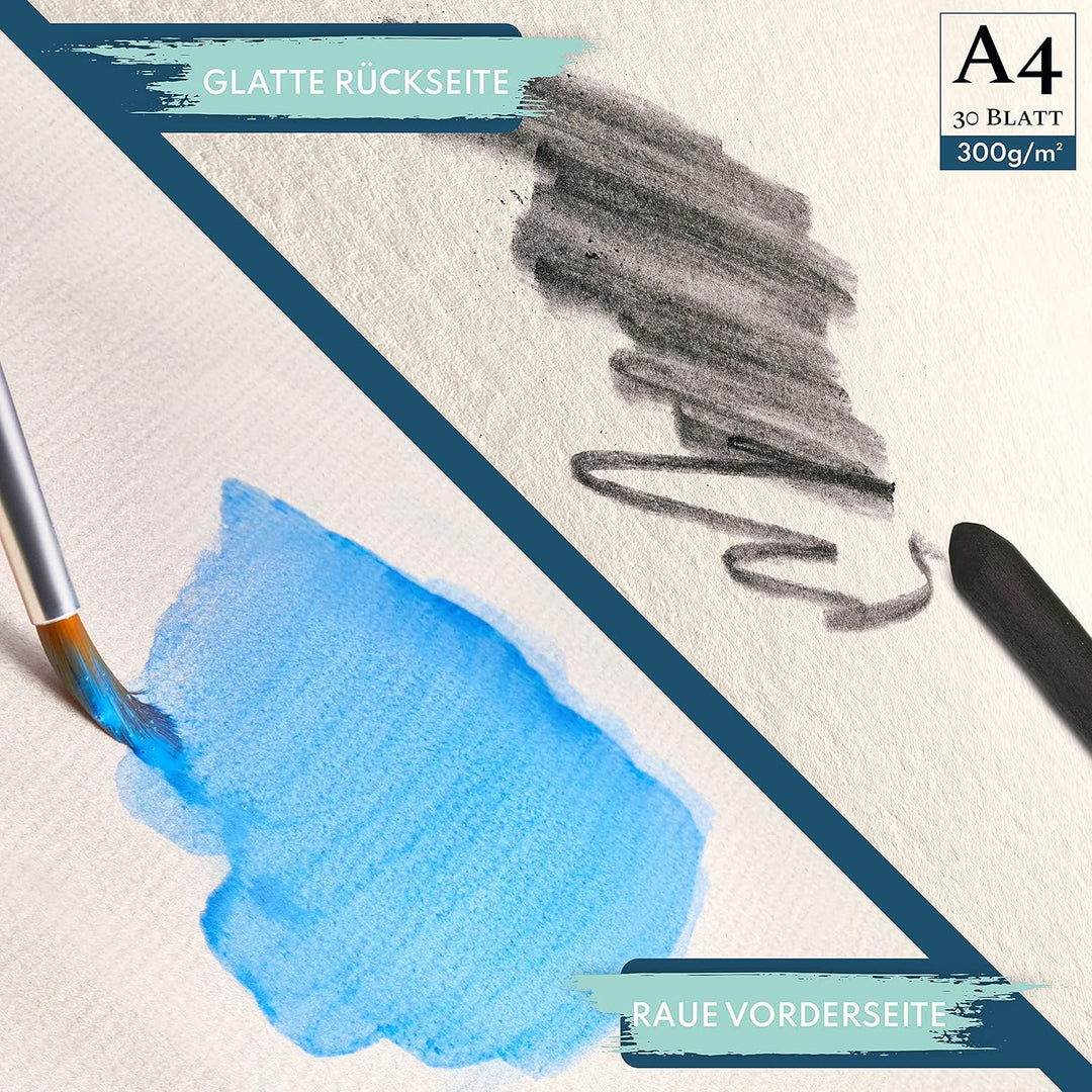 CreaTek Aquarellpapier A4 300 g Einschliesslich 2-Stunden-Videokurs 30 Blatt Aquarellblöcke + 2 Pins